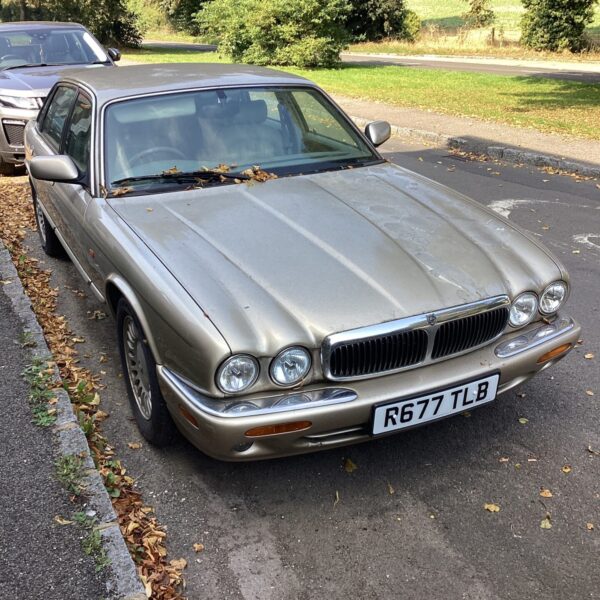 Gold Jaguar XJ8 front view, classic luxury car.
