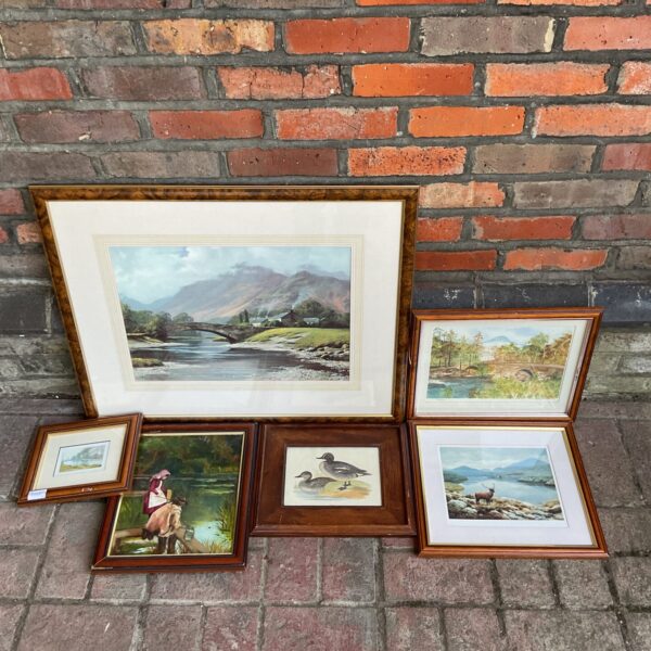 Lot of vintage framed landscape prints, including Ether Symonds artwork.