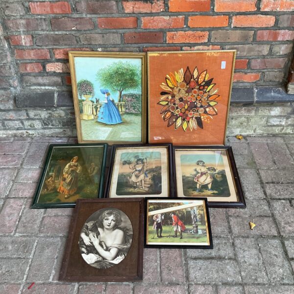 Lot of seven vintage prints and paintings, including Victorian art.