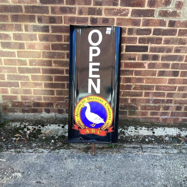 Vintage Aylesbury Brewery enamel "OPEN" sign for collectors.