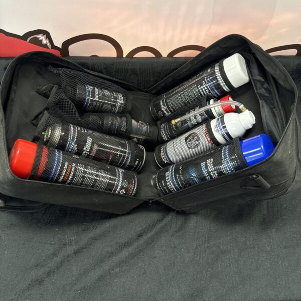 Black zipped car valet kit with cleaning products inside.