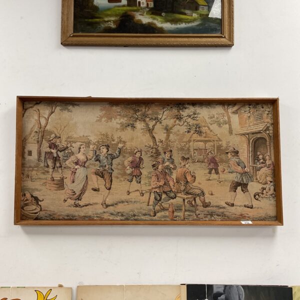 Vintage tavern tapestry depicting a lively folk art scene.