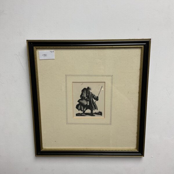 Original Clare Leighton woodblock print of a traveller in a rural landscape.