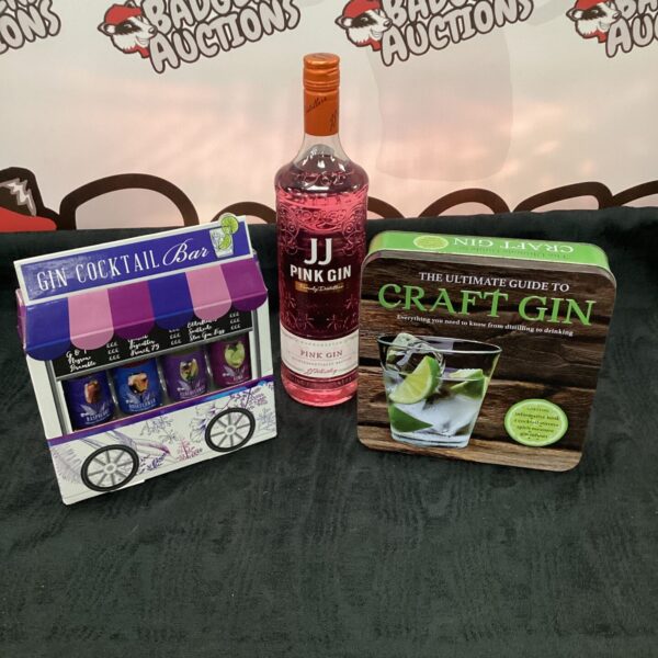 JJ Pink Gin Cocktail Kit with bottle and accessories.