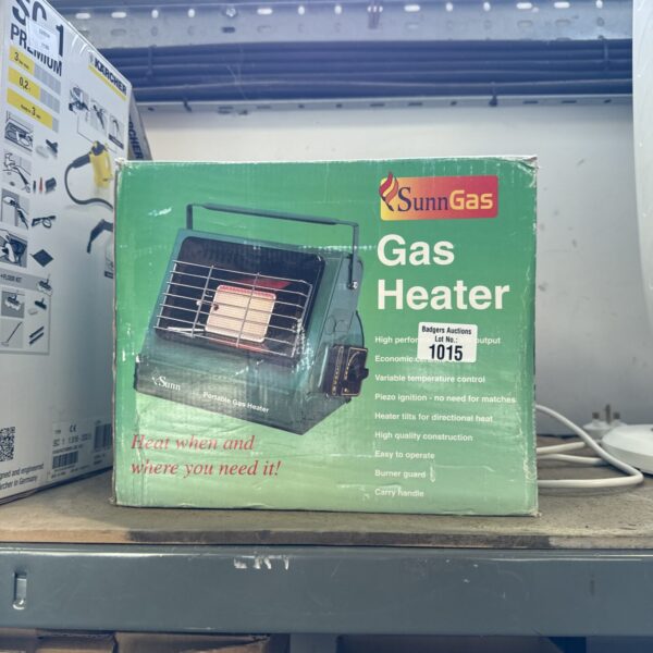Front view of a Sunn gas heater, portable outdoor heating appliance.