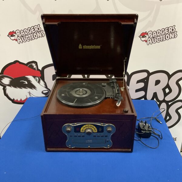 Steepletone retro record player with AM/FM radio and CD player.
