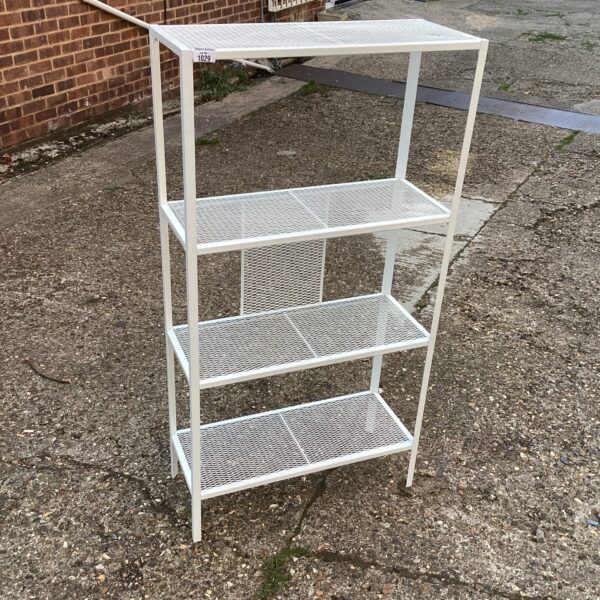 White metal shelving unit with four tiers for storage.