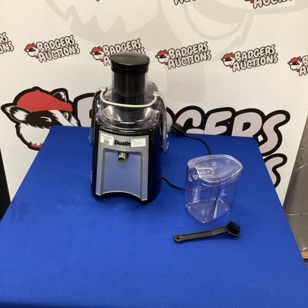Silver Dualit juicer machine on a white surface.