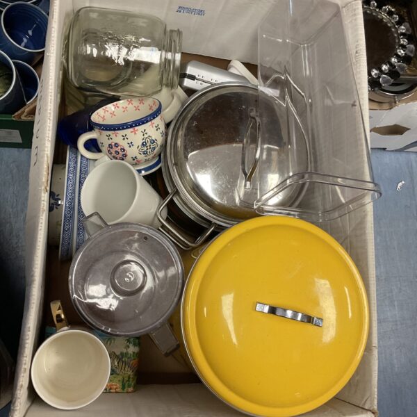 Mixed lot of vintage kitchenware including bread bin and floral jug.