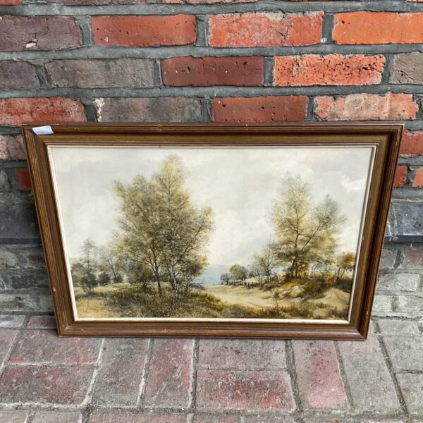 Vintage G Hughes oil painting of a country landscape with figures.