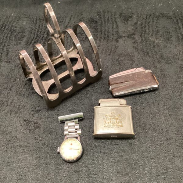 Vintage Ronson and Hannover lighters with a nurses watch, collectible lot.
