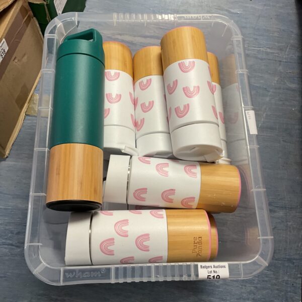 A box of stainless steel panda flasks for hot and cold drinks.