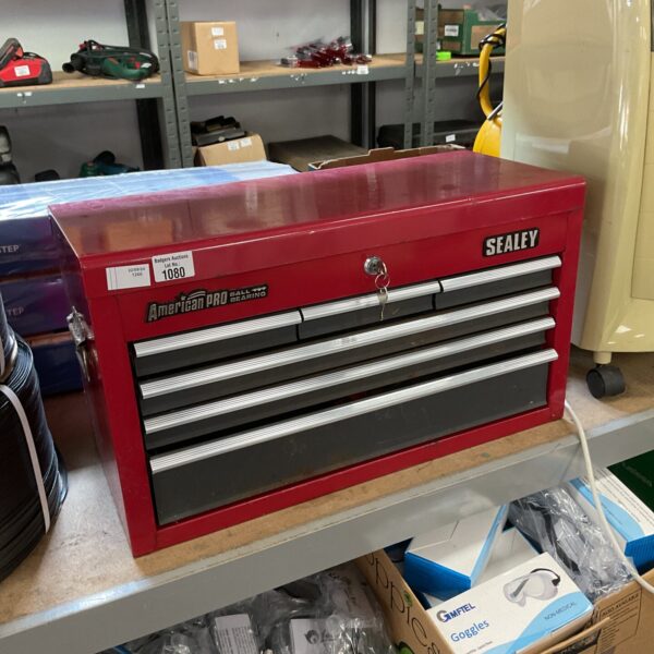Red Sealey American Pro tool box with drawers for workshop storage.