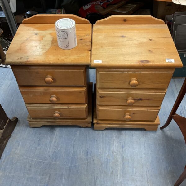 Pair of duck egg blue pine bedside cabinets with drawer and cupboard.