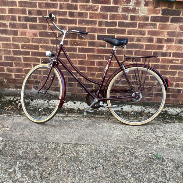 Side view of a vintage Cameo ladies bicycle in a garden.