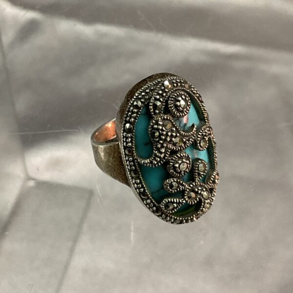 Vintage turquoise and marcasite ring, size L, silver tone.