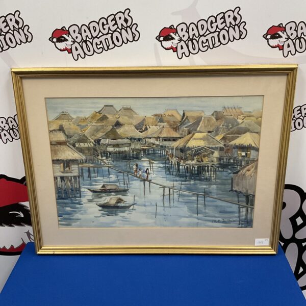 Vintage m jelkin watercolour painting of a malayan fishing village.