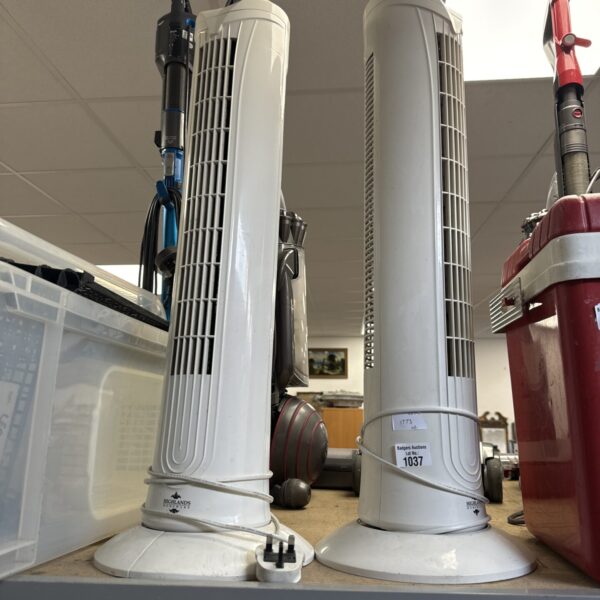 Two Highlands Homeware tower fans in unrestored condition.
