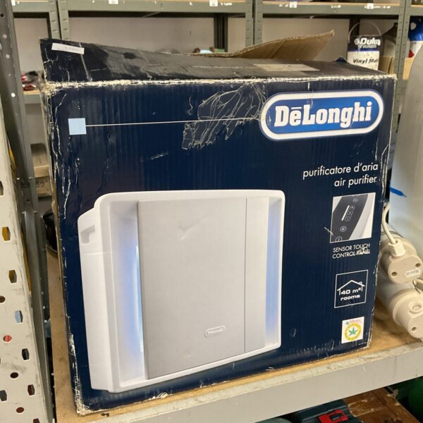 White Delonghi air purifier for improving indoor air quality.
