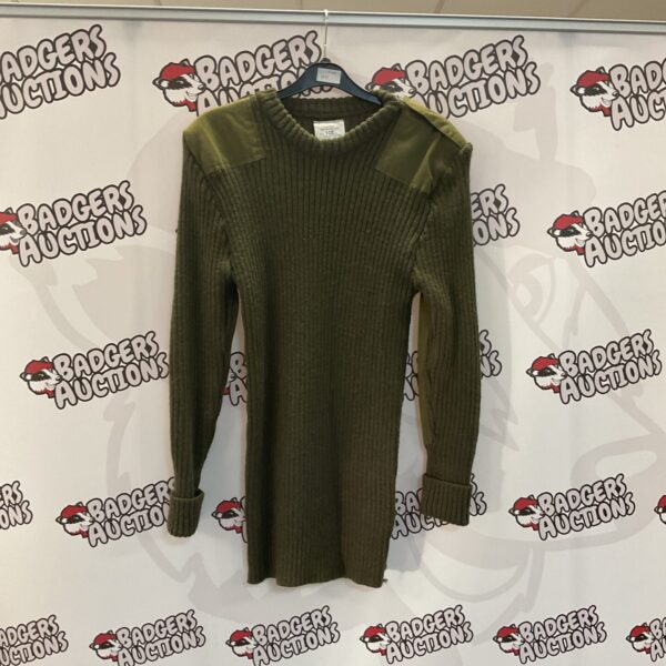 Vintage military green jumper, classic crew neck knitwear.