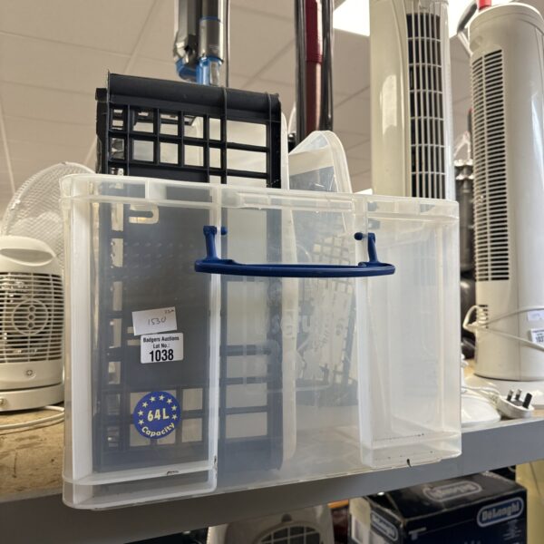 Selection of plastic storage boxes for household organisation and storage.