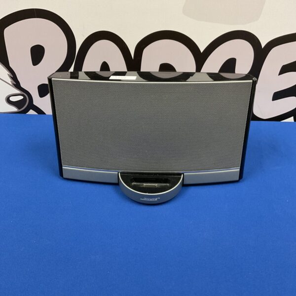 Front view of a vintage Bose SoundDock Portable digital music system.