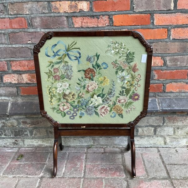 Antique Regency folding tapestry table with floral needlepoint.