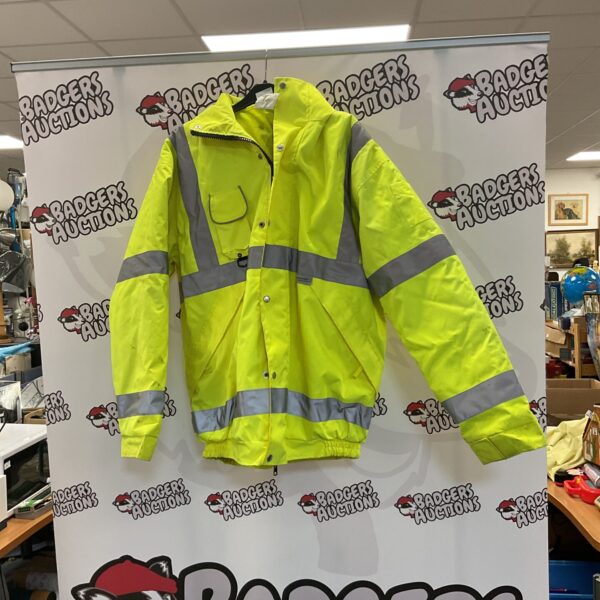 Bright yellow size XL hi vis coat with reflective strips.