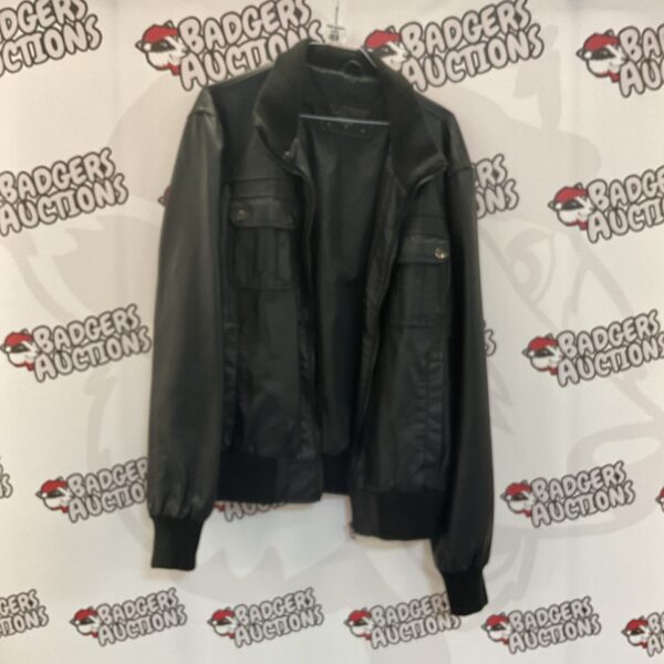 Black leather jacket size large, front view, vintage style.