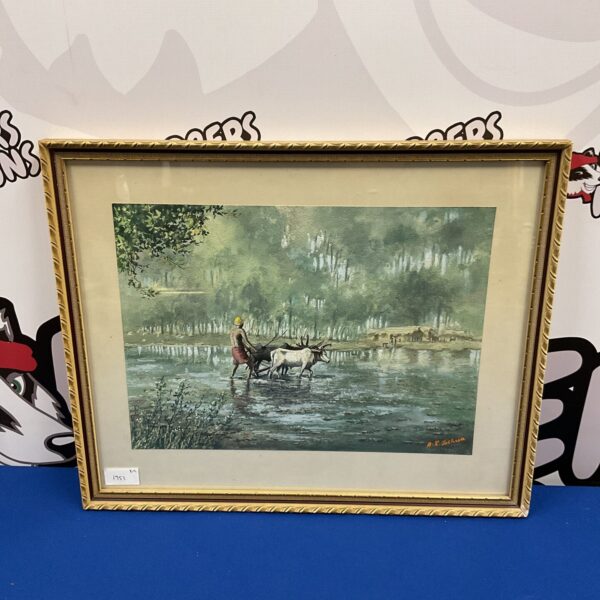 Watercolour painting of cattle crossing a river by A Joshua.