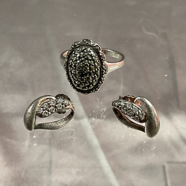 Close-up of a sparkling marcasite silver cluster ring.