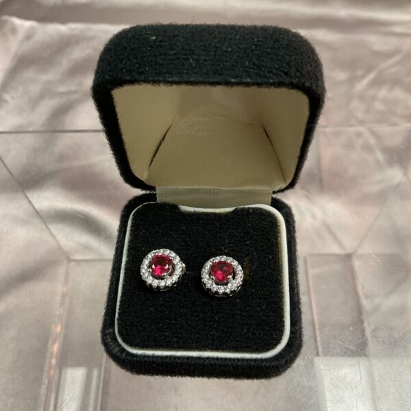 Silver stud earrings with a vibrant red stone centre.