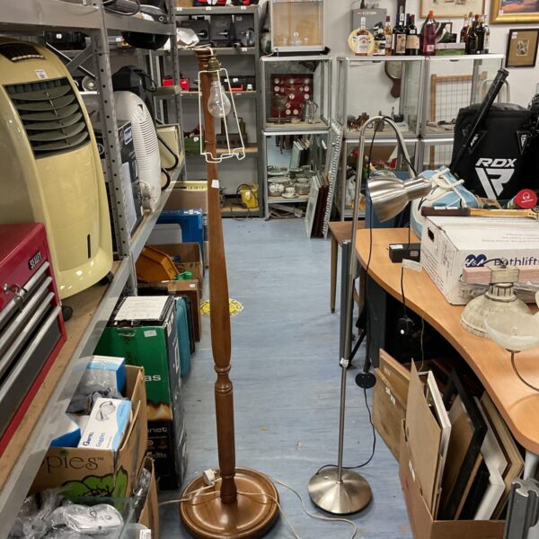 Lot of two vintage standard lamps, brushed steel and wooden designs.