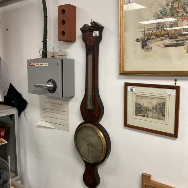 Vintage Barelli barometer with wooden frame and detailed dial.