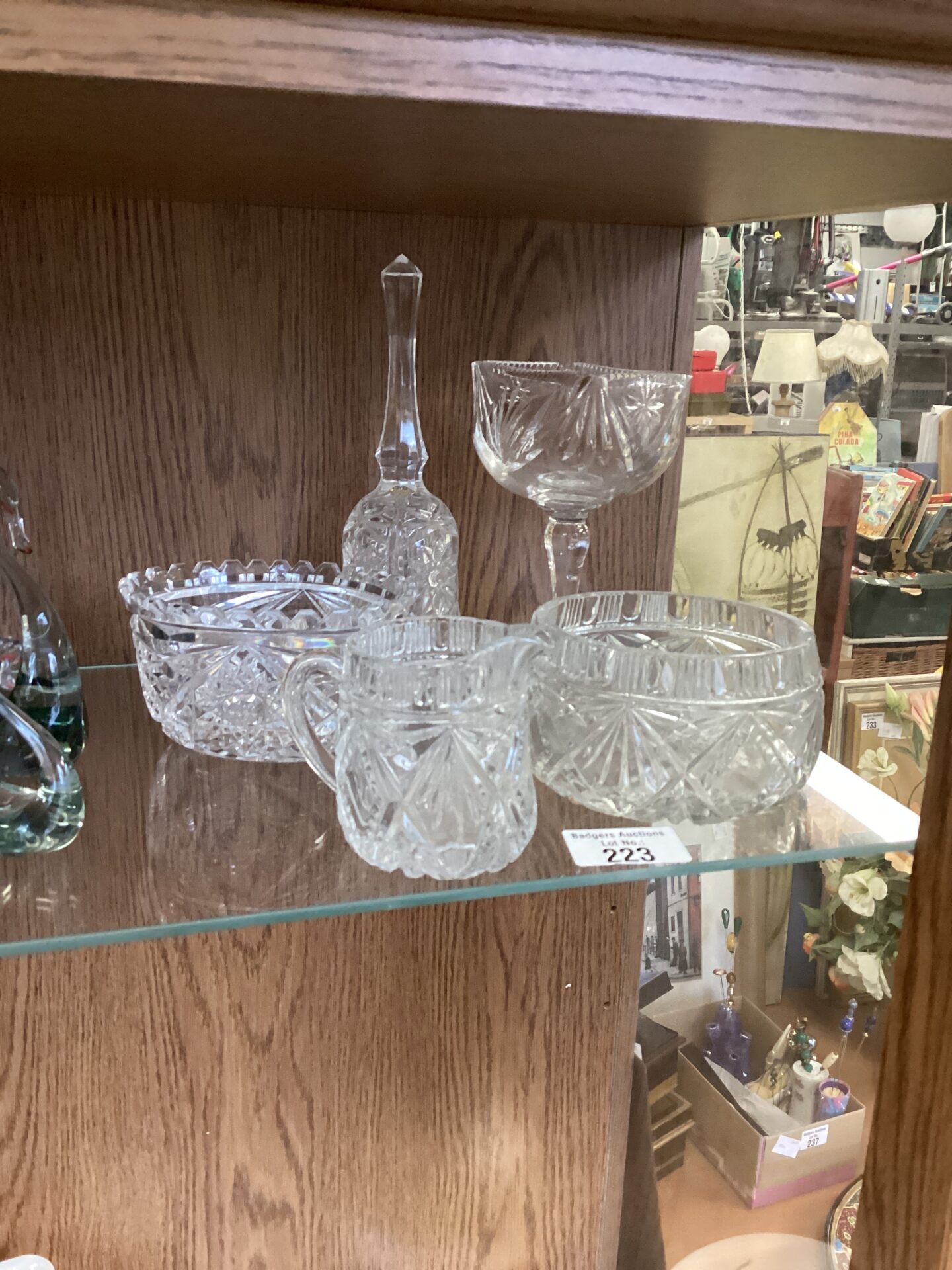 223 Selection of cut glass items inc milk jug