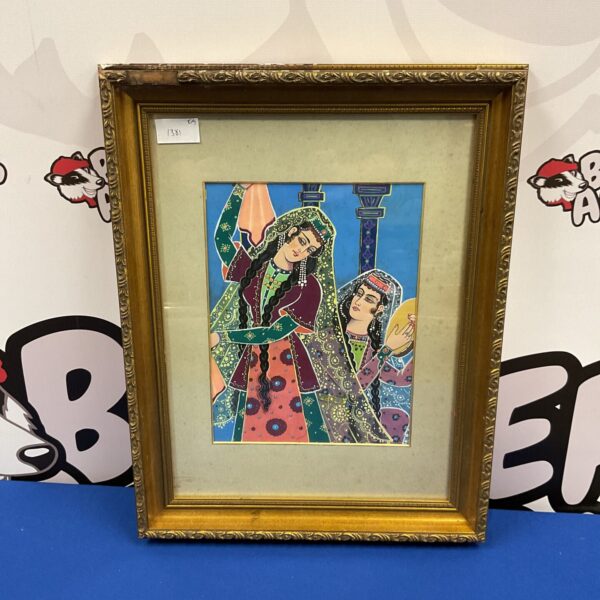 Antique gouache painting of Indian princesses in a gilt frame.