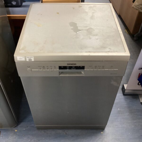 Front view of a white Siemens dishwasher in used condition.