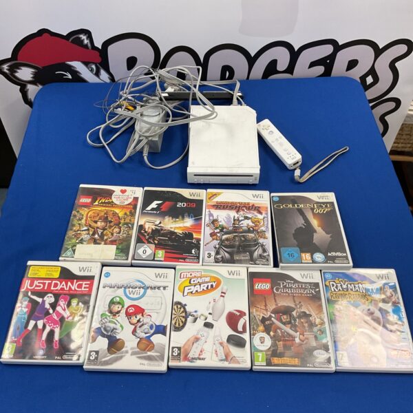 Nintendo Wii console with nine games for family entertainment.