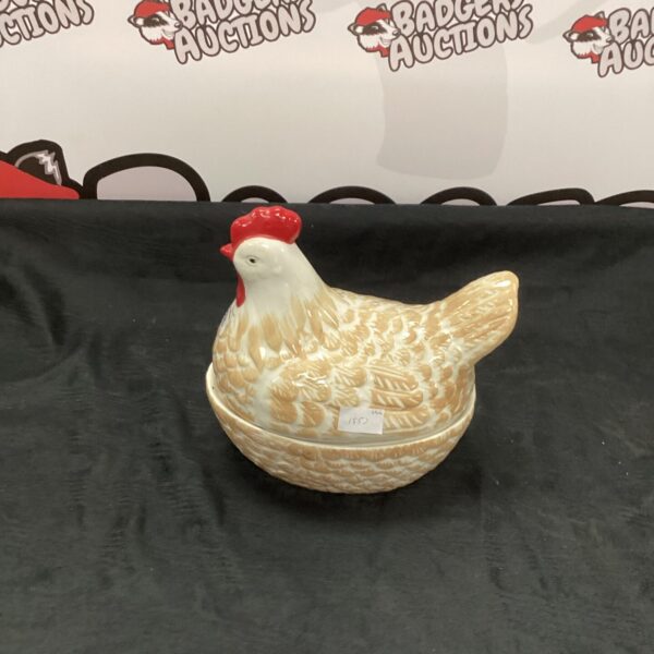 Vintage white porcelain chicken egg holder for farmhouse kitchen.