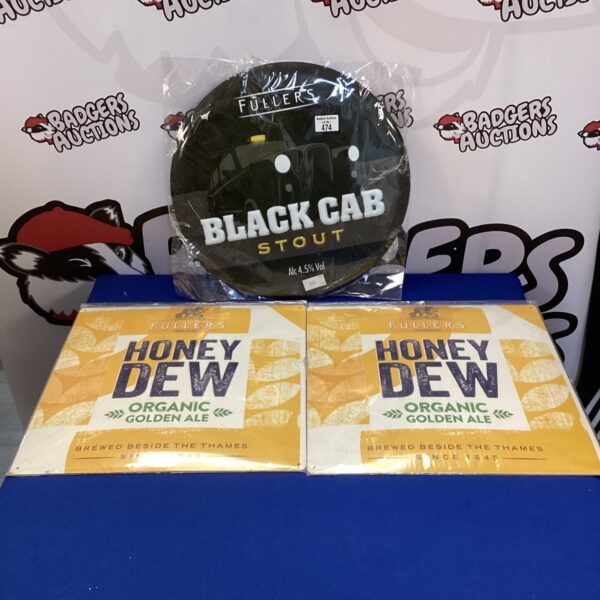 Vintage Fullers advertising signs for Black Cab Stout and Honey Dew.