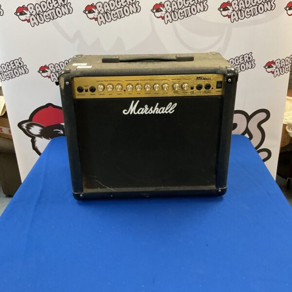 Black Marshall MG30DFX amplifier for bass and electric guitar.