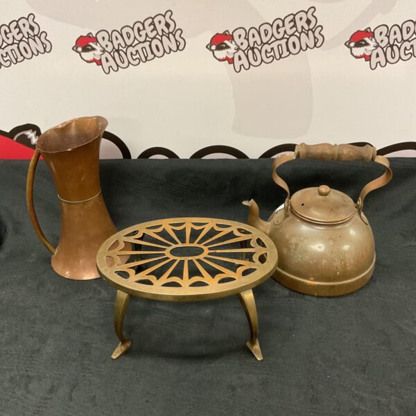 Vintage copper kettle set with brass trivet and jug.
