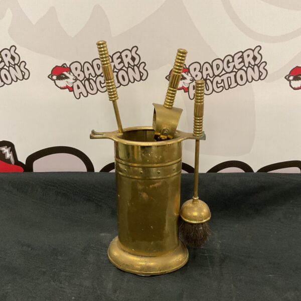 Vintage brass fireplace companion set with tools.