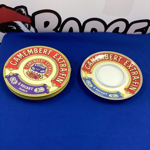 Vintage Camembert plate with colourful design, ideal for serving cheese.