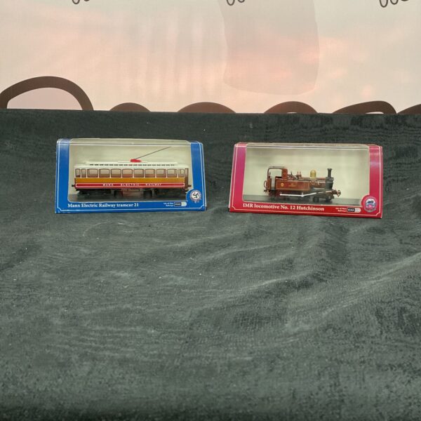 Detailed Oxford Diecast models of Manx Electric Railway tramcar 21 and IMR locomotive.