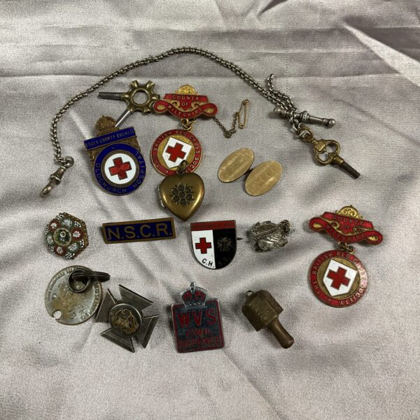 Vintage Red Cross and military badges collection, enamel and metal.