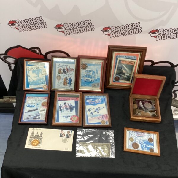 Framed vintage money memories and a box of collectible coins.