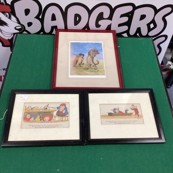 Vintage Louis Wayne cat print and Edward Lear cartoons.