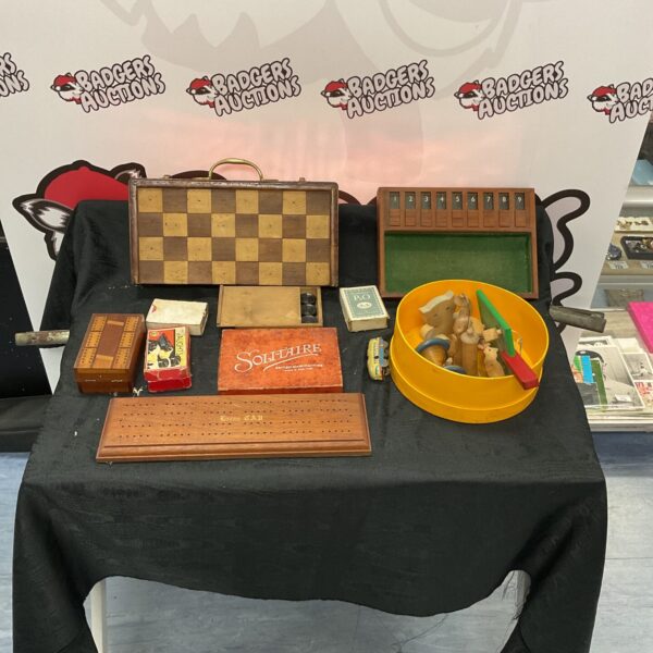 Vintage board games and wooden toys lot for collectors.