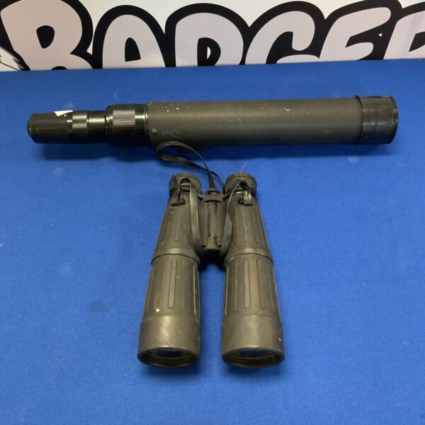 Vintage Wilkinson Olympic binoculars and Bushnell telescope set.